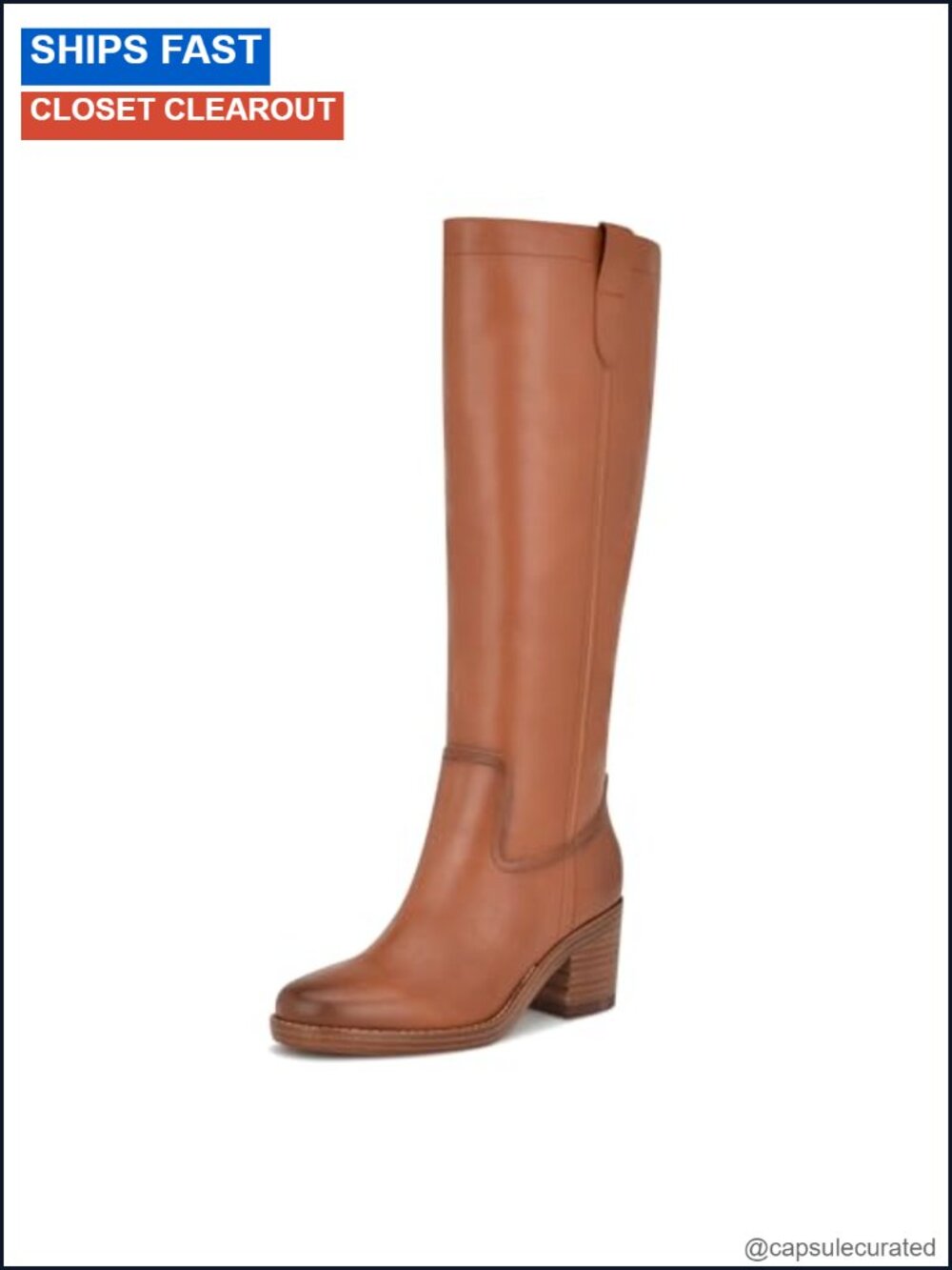 Nine West Hecee Knee-High Leather Boot Round Toe Block Heel